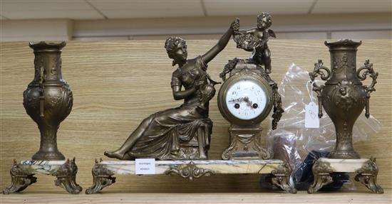 A late 19th century French gilt spelter figural three piece clock garniture, the eight day oak clock by Japy Freres height 38cm